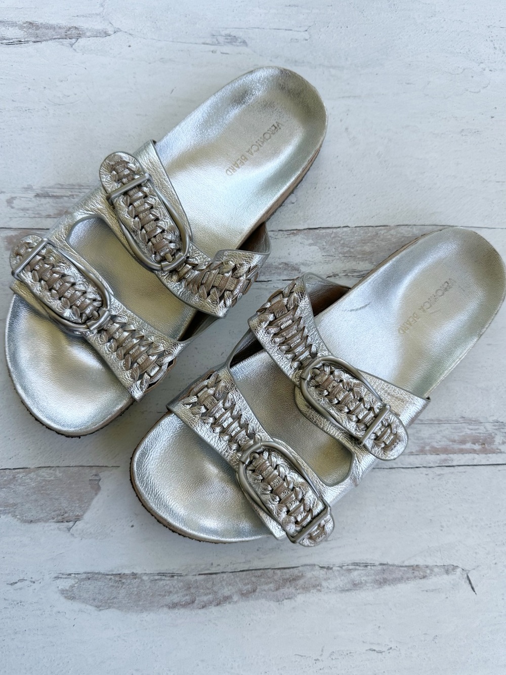 Veronica Beard • Paige Metallic Dual-Buckle Slide Sandals - Picture 9 of 11